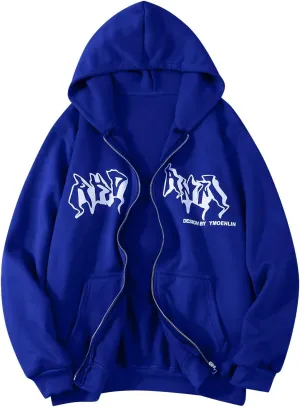 Y2k Sweatshirts for Women Full Zip Up Hooded Jacket Hip Hop Vintage Goth Print Tops Street Fashion Pullovers