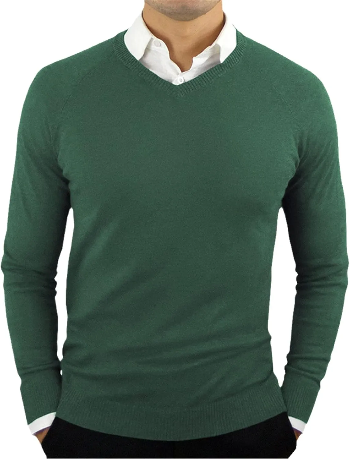 Yiqinyuan Green Mens V Neck Sweater Slim Fit Solid Color Lightweight Knitted Pullover Sweaters Mens Breathable Soft Sweaters
