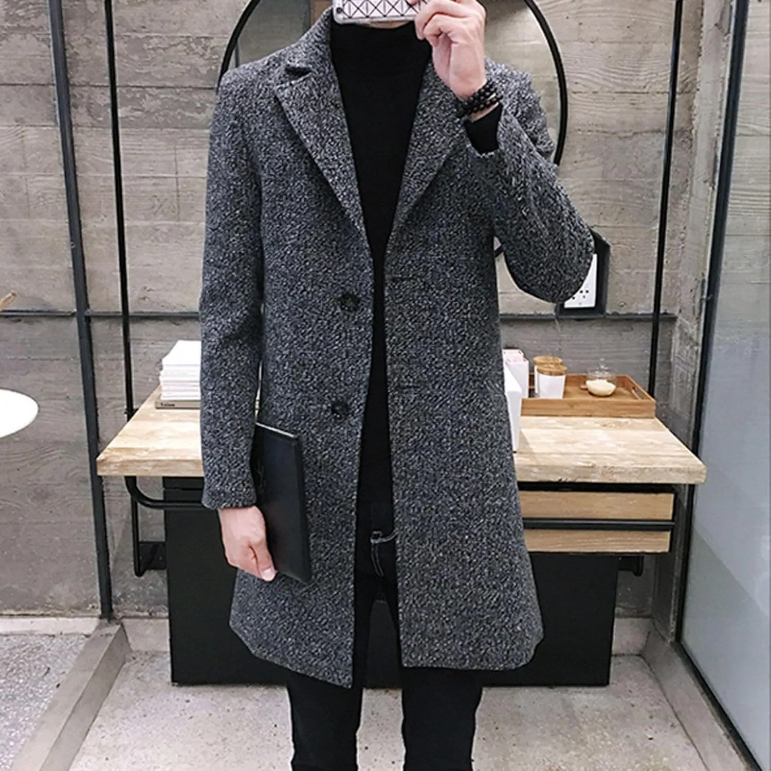 Ymosrh Men's Winter Coat Long Trench Notched Lapel Single Breasted Pea Coat Mens, M-5XL