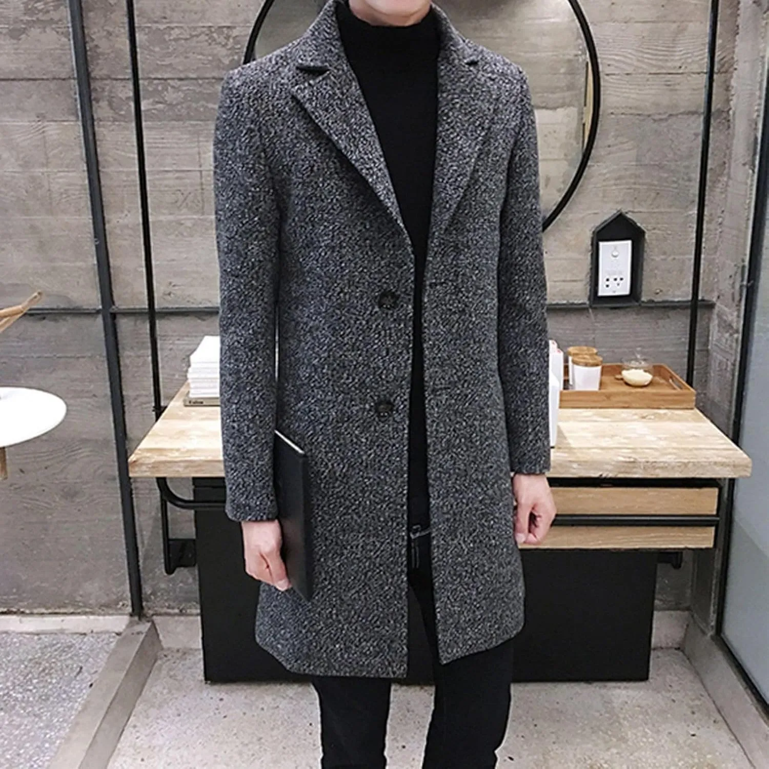 Ymosrh Men's Winter Coat Long Trench Notched Lapel Single Breasted Pea Coat Mens, M-5XL