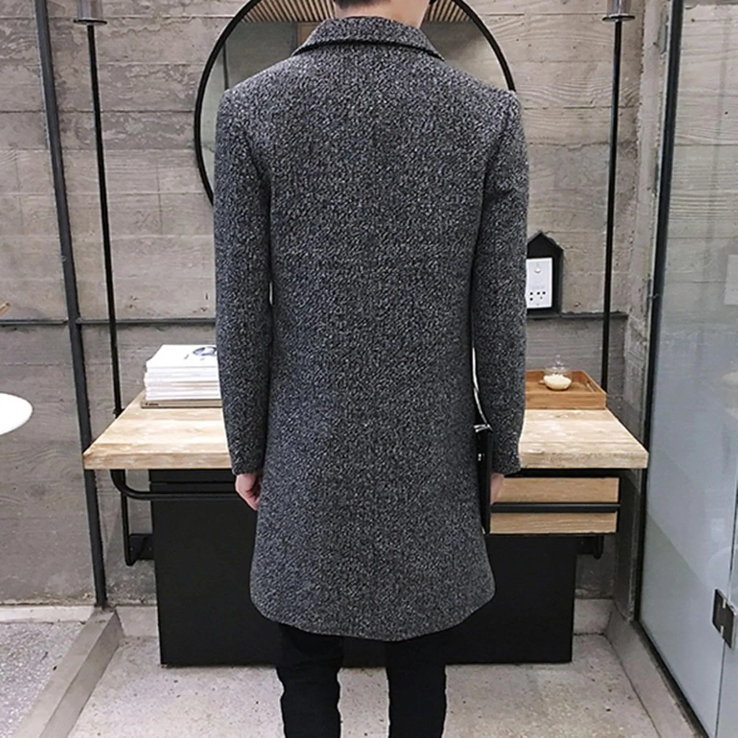 Ymosrh Men's Winter Coat Long Trench Notched Lapel Single Breasted Pea Coat Mens, M-5XL