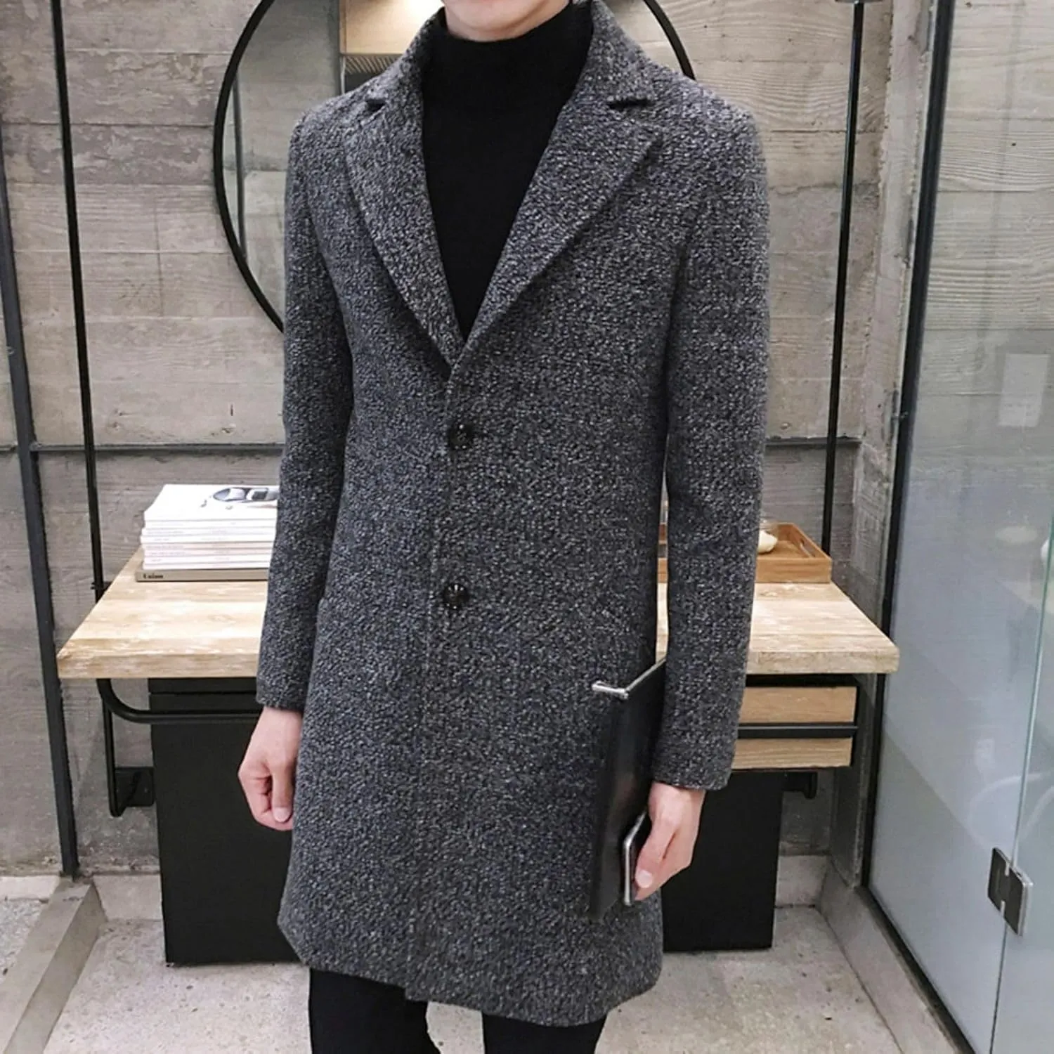 Ymosrh Men's Winter Coat Long Trench Notched Lapel Single Breasted Pea Coat Mens, M-5XL