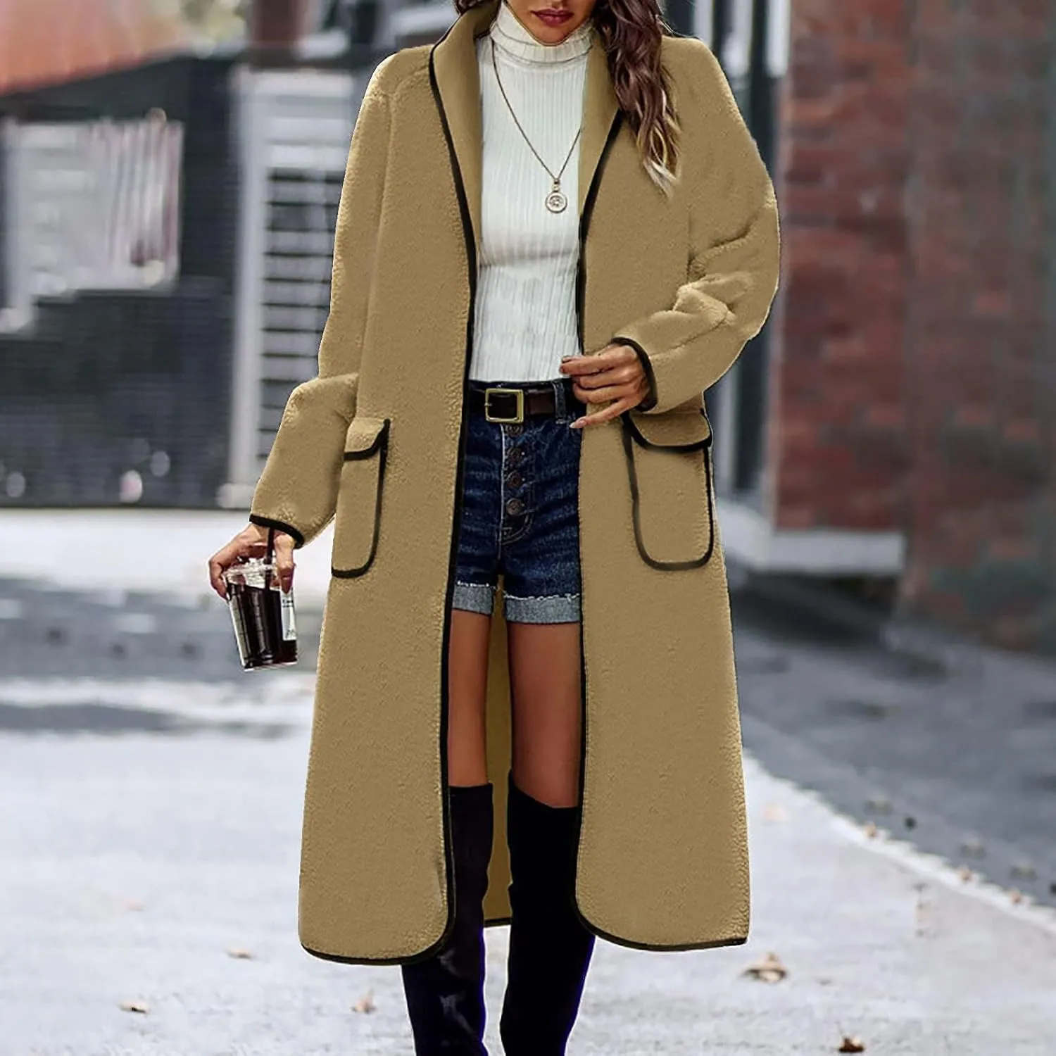 YRAETENM Long Winter Coats for Women Plus Size Warm Wool Blend Pea Coats Mid Long Lapel Open Front Trench Coats with Pockets