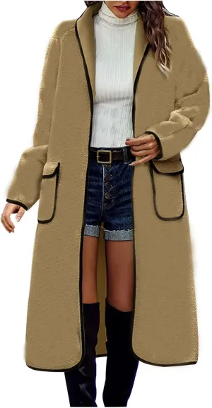 YRAETENM Long Winter Coats for Women Plus Size Warm Wool Blend Pea Coats Mid Long Lapel Open Front Trench Coats with Pockets