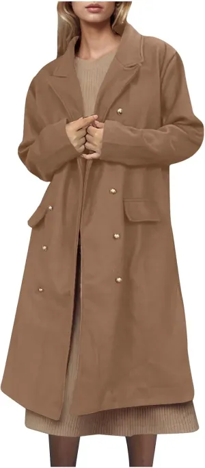 YRAETENM Pea Coats for Women Winter Double Breasted Midi Long Wool Blend Jackets Oversized Notch Lapel Trench Coat Overcoat