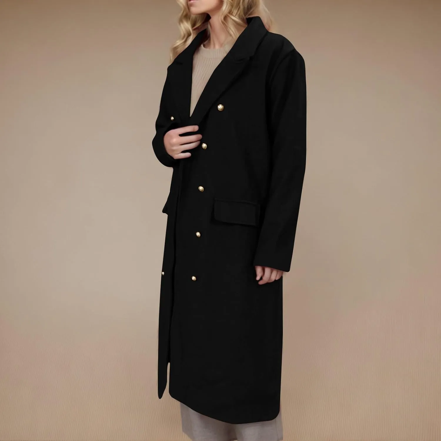 YRAETENM Pea Coats for Women Winter Double Breasted Midi Long Wool Blend Jackets Oversized Notch Lapel Trench Coat Overcoat