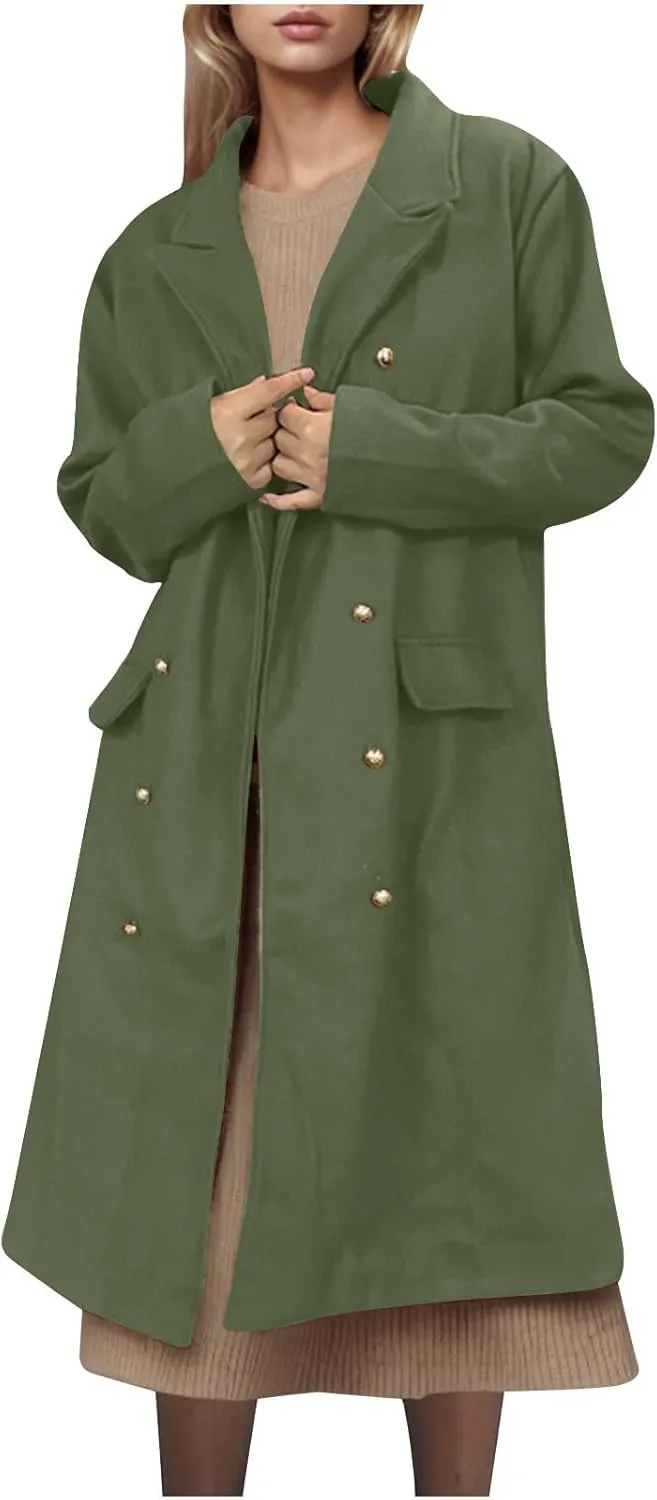 YRAETENM Pea Coats for Women Winter Double Breasted Midi Long Wool Blend Jackets Oversized Notch Lapel Trench Coat Overcoat