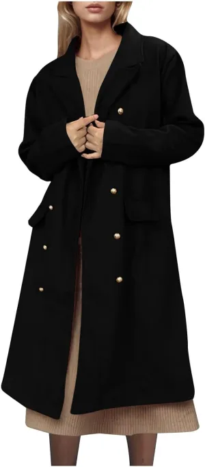 YRAETENM Pea Coats for Women Winter Double Breasted Midi Long Wool Blend Jackets Oversized Notch Lapel Trench Coat Overcoat