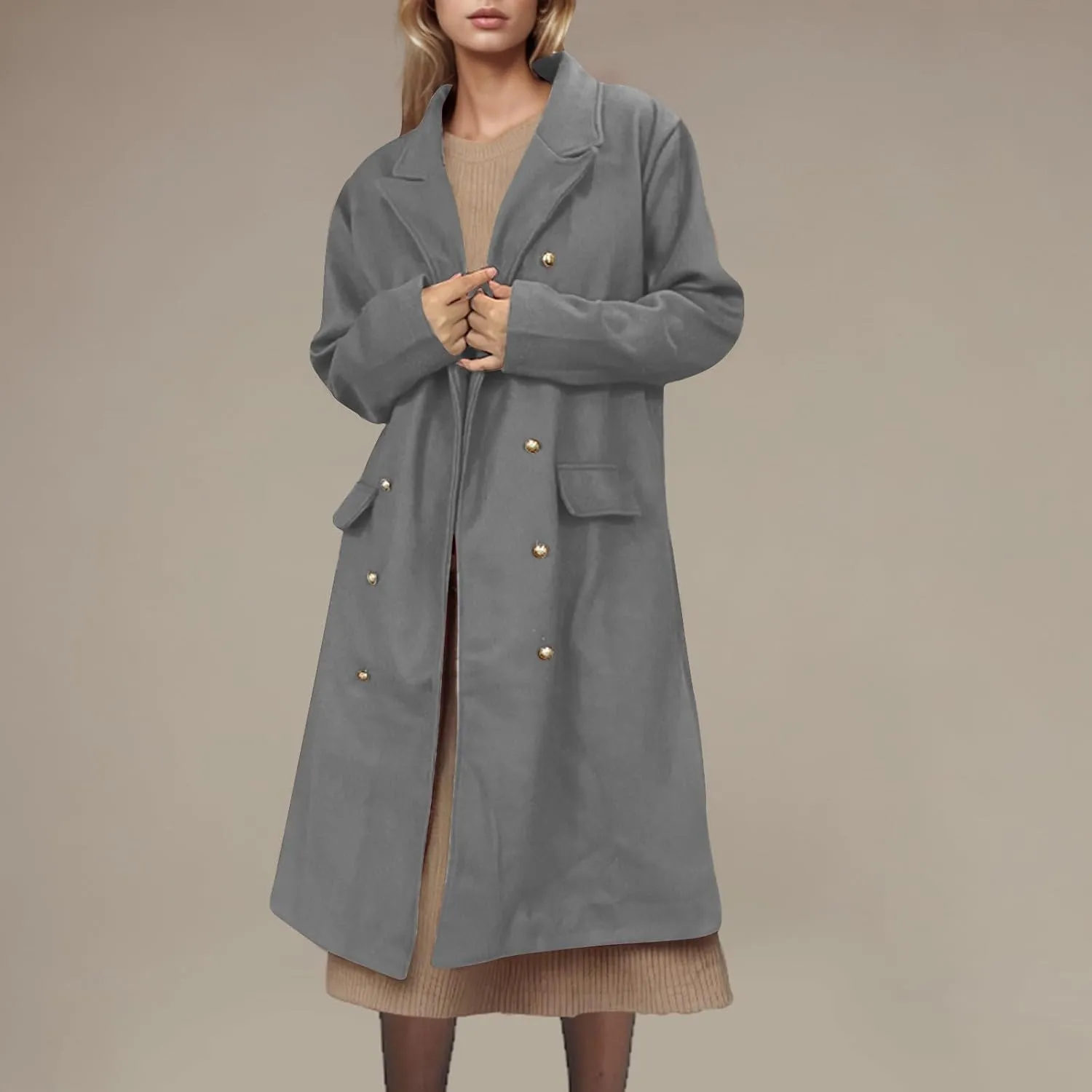 YRAETENM Pea Coats for Women Winter Double Breasted Midi Long Wool Blend Jackets Oversized Notch Lapel Trench Coat Overcoat