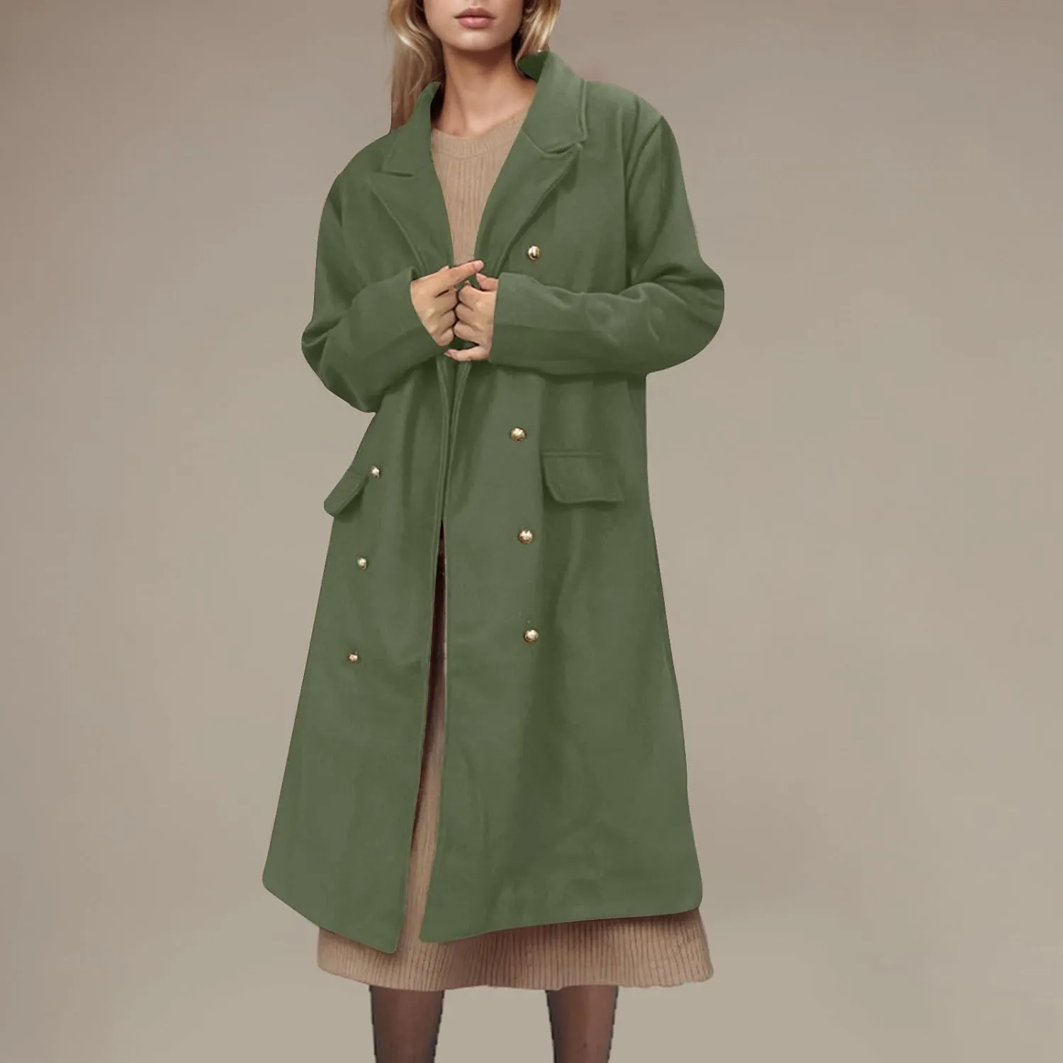 YRAETENM Pea Coats for Women Winter Double Breasted Midi Long Wool Blend Jackets Oversized Notch Lapel Trench Coat Overcoat