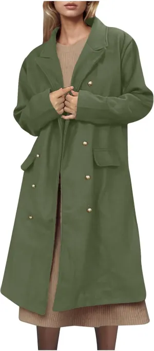 YRAETENM Pea Coats for Women Winter Double Breasted Midi Long Wool Blend Jackets Oversized Notch Lapel Trench Coat Overcoat