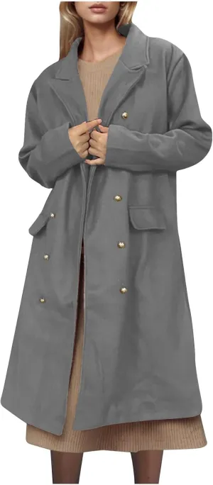 YRAETENM Pea Coats for Women Winter Double Breasted Midi Long Wool Blend Jackets Oversized Notch Lapel Trench Coat Overcoat