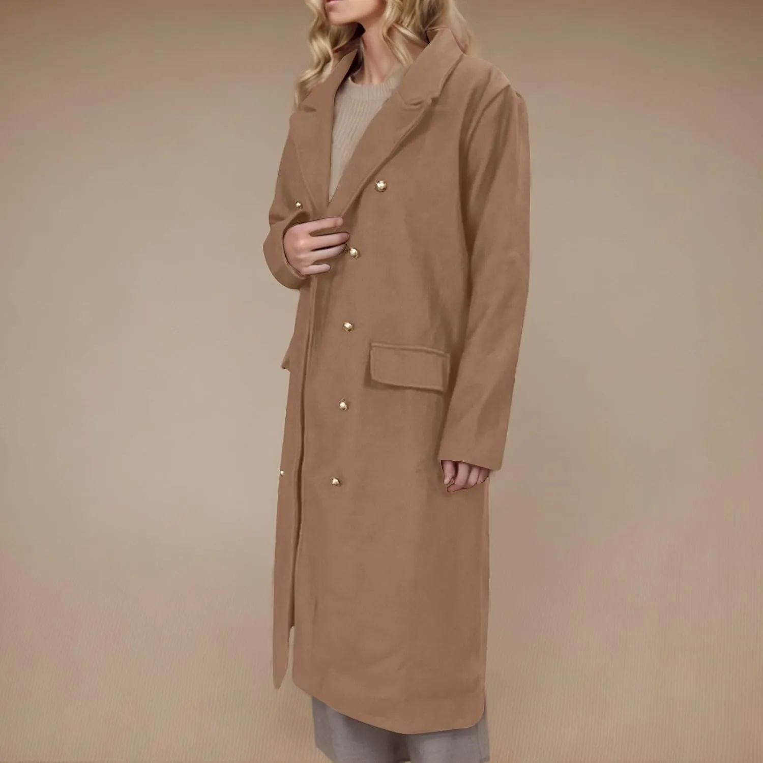 YRAETENM Pea Coats for Women Winter Double Breasted Midi Long Wool Blend Jackets Oversized Notch Lapel Trench Coat Overcoat