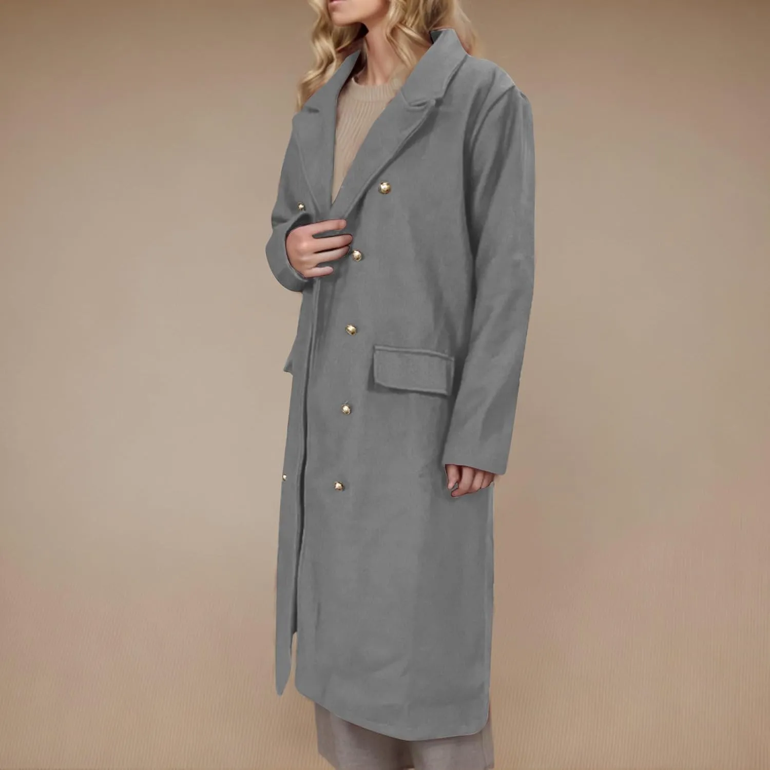 YRAETENM Pea Coats for Women Winter Double Breasted Midi Long Wool Blend Jackets Oversized Notch Lapel Trench Coat Overcoat
