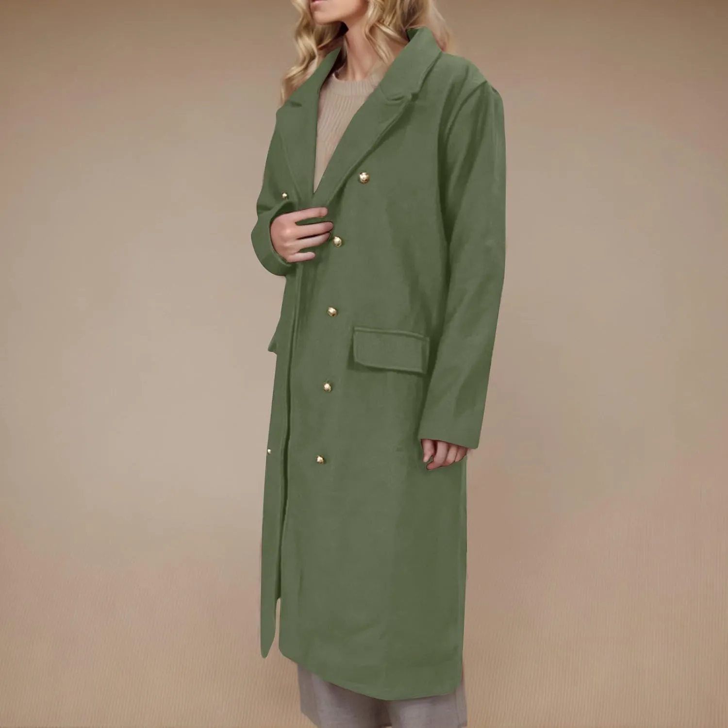 YRAETENM Pea Coats for Women Winter Double Breasted Midi Long Wool Blend Jackets Oversized Notch Lapel Trench Coat Overcoat