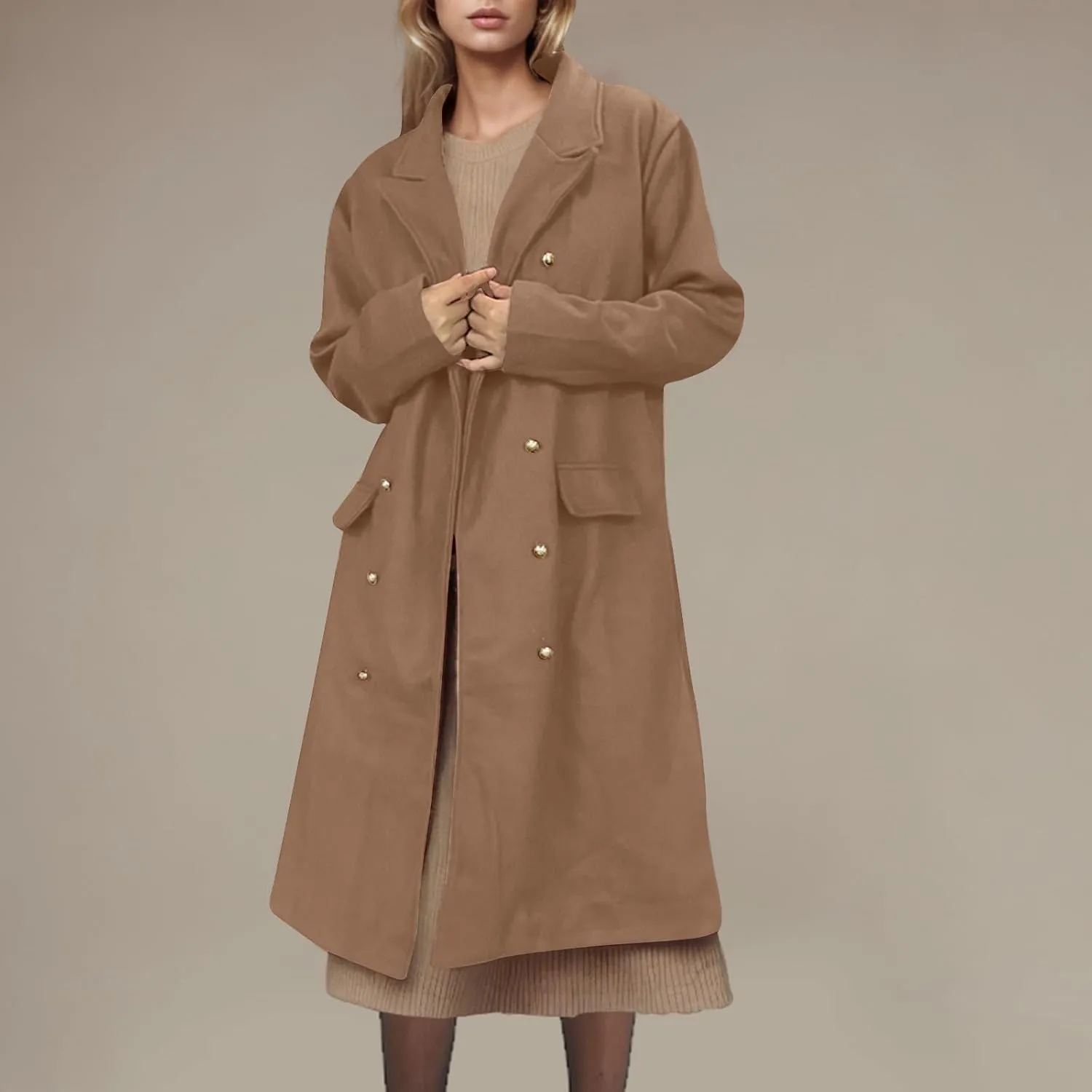 YRAETENM Pea Coats for Women Winter Double Breasted Midi Long Wool Blend Jackets Oversized Notch Lapel Trench Coat Overcoat