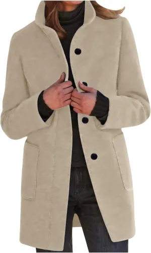YRAETENM Women's Winter Single Breasted Stand Collar Wool Coat Blazer Jacket Casual Mid-Long Peacoat Trench Coat with Pockets