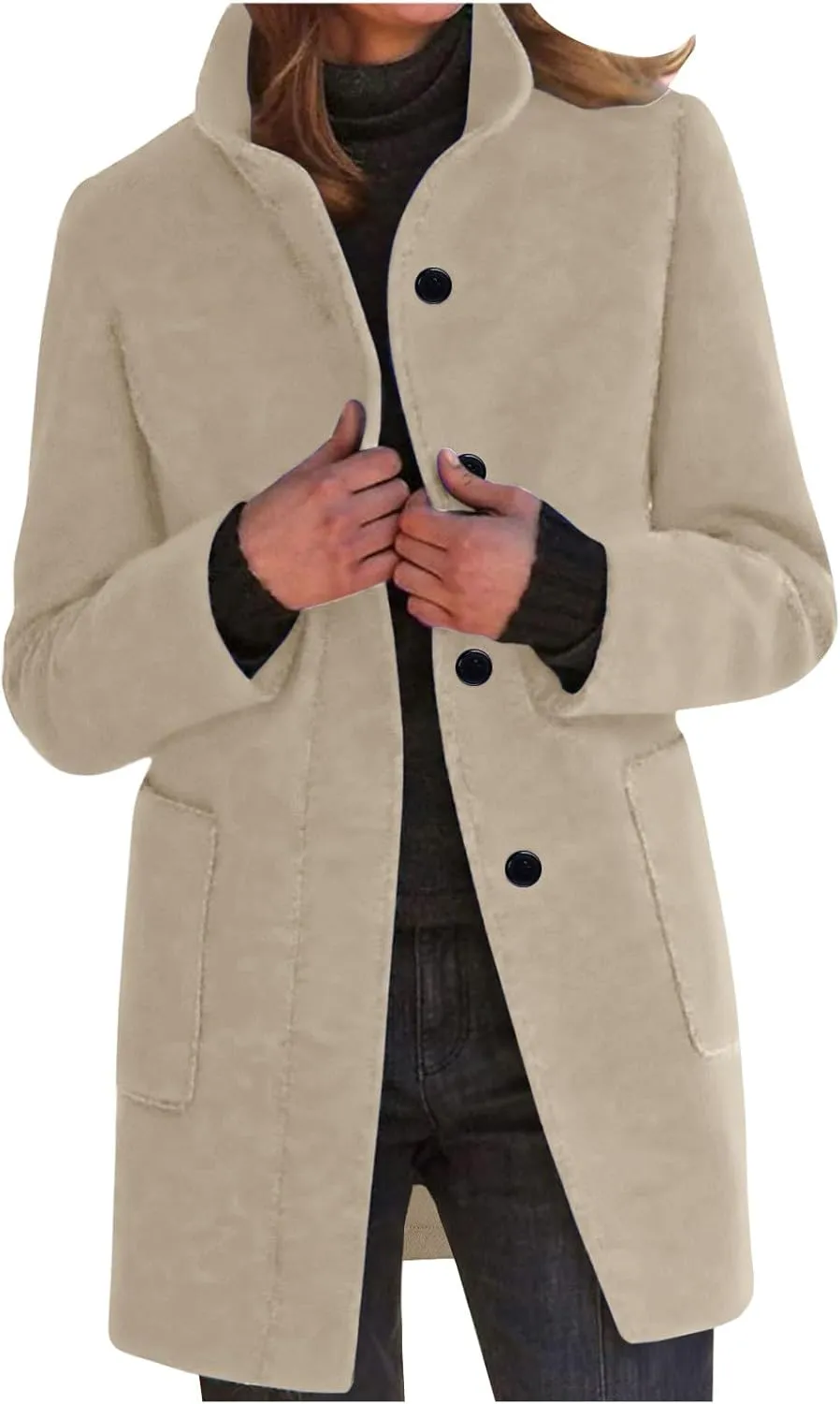 YRAETENM Women's Winter Single Breasted Stand Collar Wool Coat Blazer Jacket Casual Mid-Long Peacoat Trench Coat with Pockets