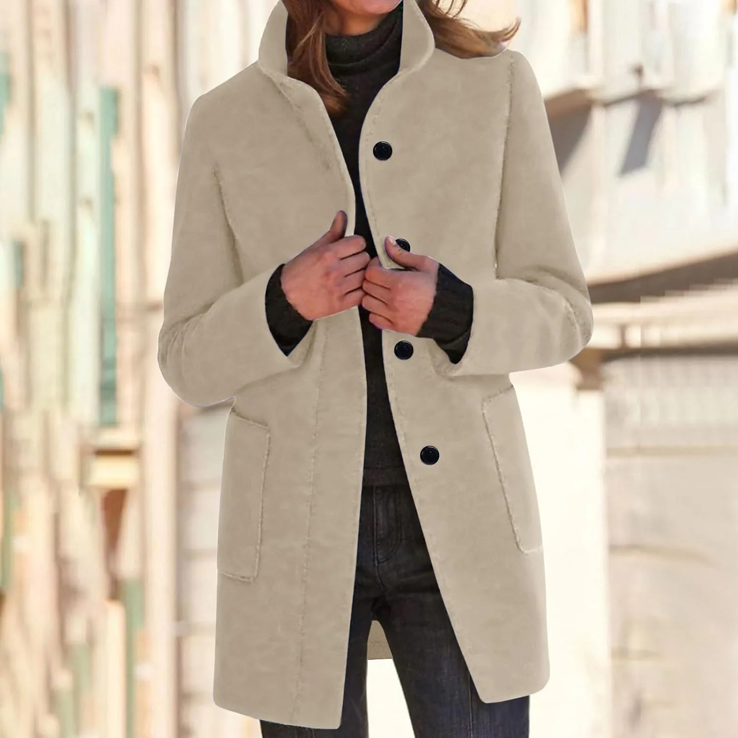 YRAETENM Women's Winter Single Breasted Stand Collar Wool Coat Blazer Jacket Casual Mid-Long Peacoat Trench Coat with Pockets