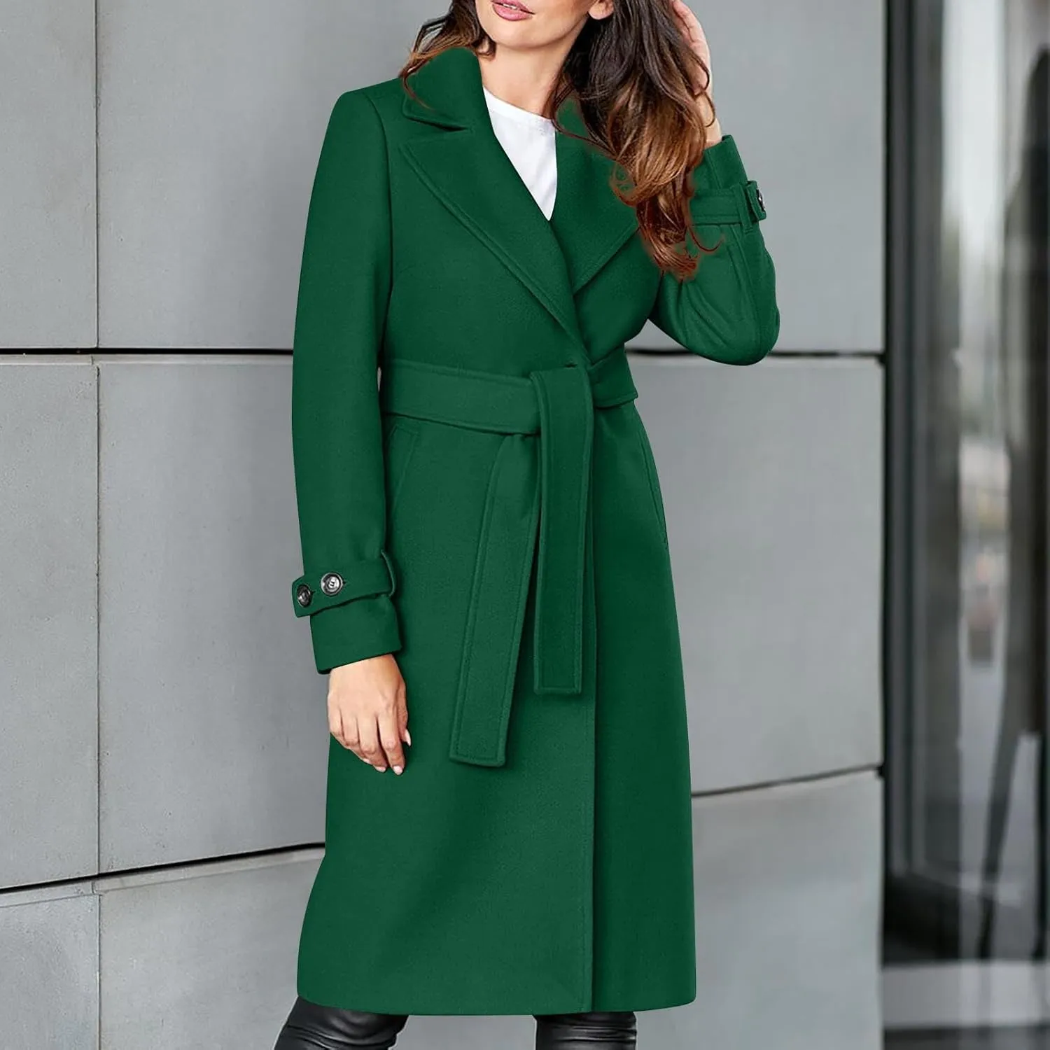 YRAETENM Women's Wool Blend Coat Elegant Notch Lapel Collar Pea Coats Fall Winter Warm Long Overcoat Outerwear with Belt