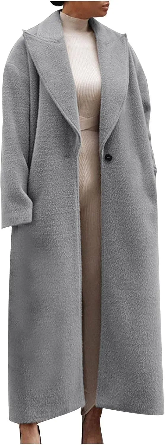 YRAETENM Women's Wool Blend Coat Oversized Notch Lapel Ankle Length Business Pea Coats Casual Open Front Winter Trench Coats