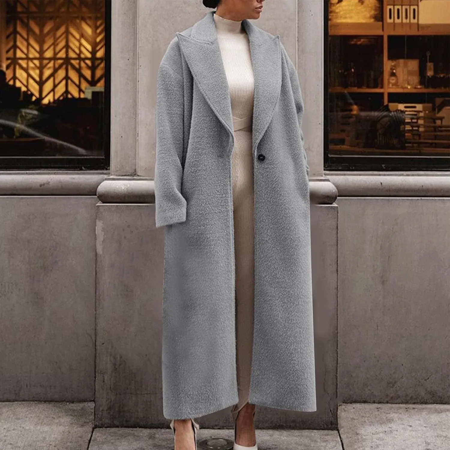 YRAETENM Women's Wool Blend Coat Oversized Notch Lapel Ankle Length Business Pea Coats Casual Open Front Winter Trench Coats