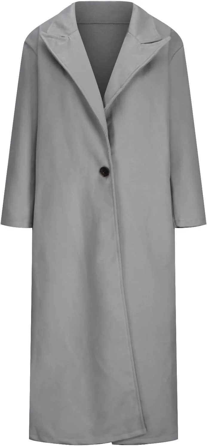 YRAETENM Women's Wool Blend Coat Oversized Notch Lapel Ankle Length Business Pea Coats Casual Open Front Winter Trench Coats