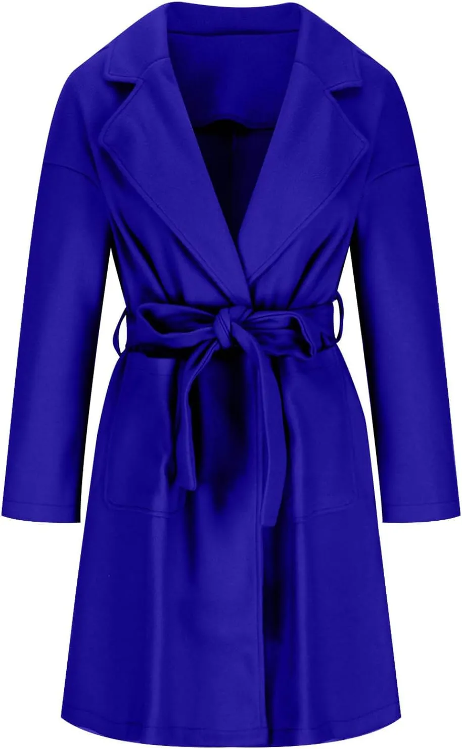 YRAETENM Womens Wool Coat Long Sleeve Notched Collar Tie Belt Wrap Coats Casual Long Winter Jackets Trench Coat with Pockets