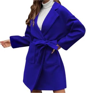 YRAETENM Womens Wool Coat Long Sleeve Notched Collar Tie Belt Wrap Coats Casual Long Winter Jackets Trench Coat with Pockets