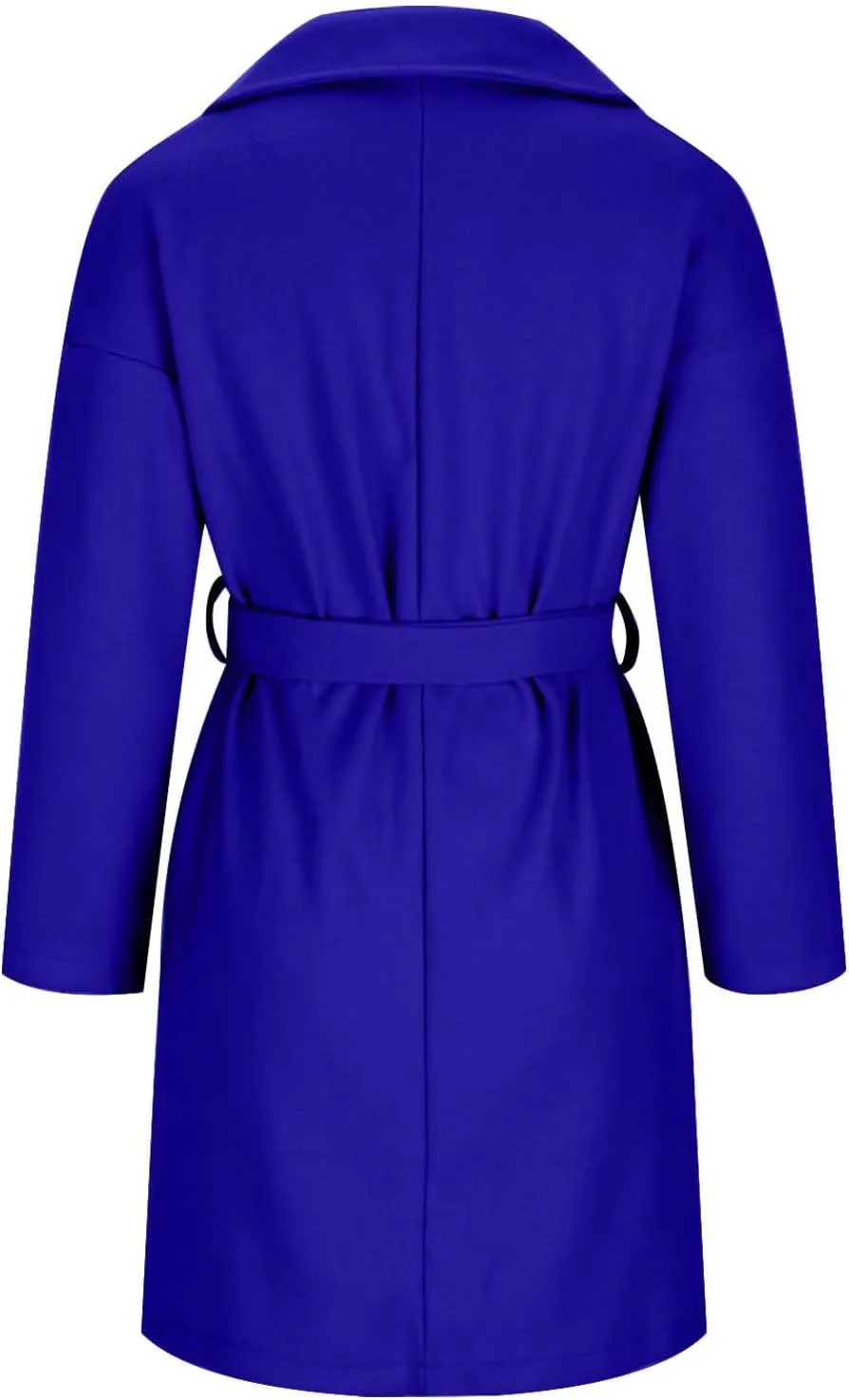 YRAETENM Womens Wool Coat Long Sleeve Notched Collar Tie Belt Wrap Coats Casual Long Winter Jackets Trench Coat with Pockets