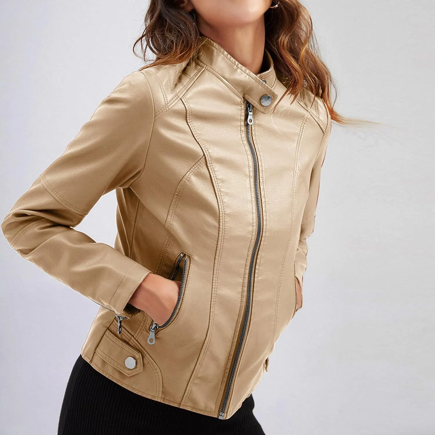YZHM Leather Jacket for Women Plus Size Motorcycle Jackets with Pockets Zip Up Pleather Coats 2023 Fashion Fall Outwear
