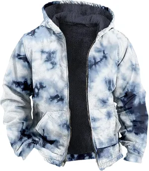 Zip Up Hoodie Men Winter Sherpa Lined Graphic Jacket Cool Thermal Graphic Coat Heavy Tie Dye Casual Weather Outwear