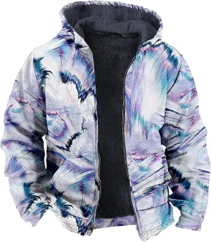 Zip Up Hoodie Men Winter Sherpa Lined Graphic Jacket Cool Thermal Graphic Coat Heavy Tie Dye Casual Weather Outwear