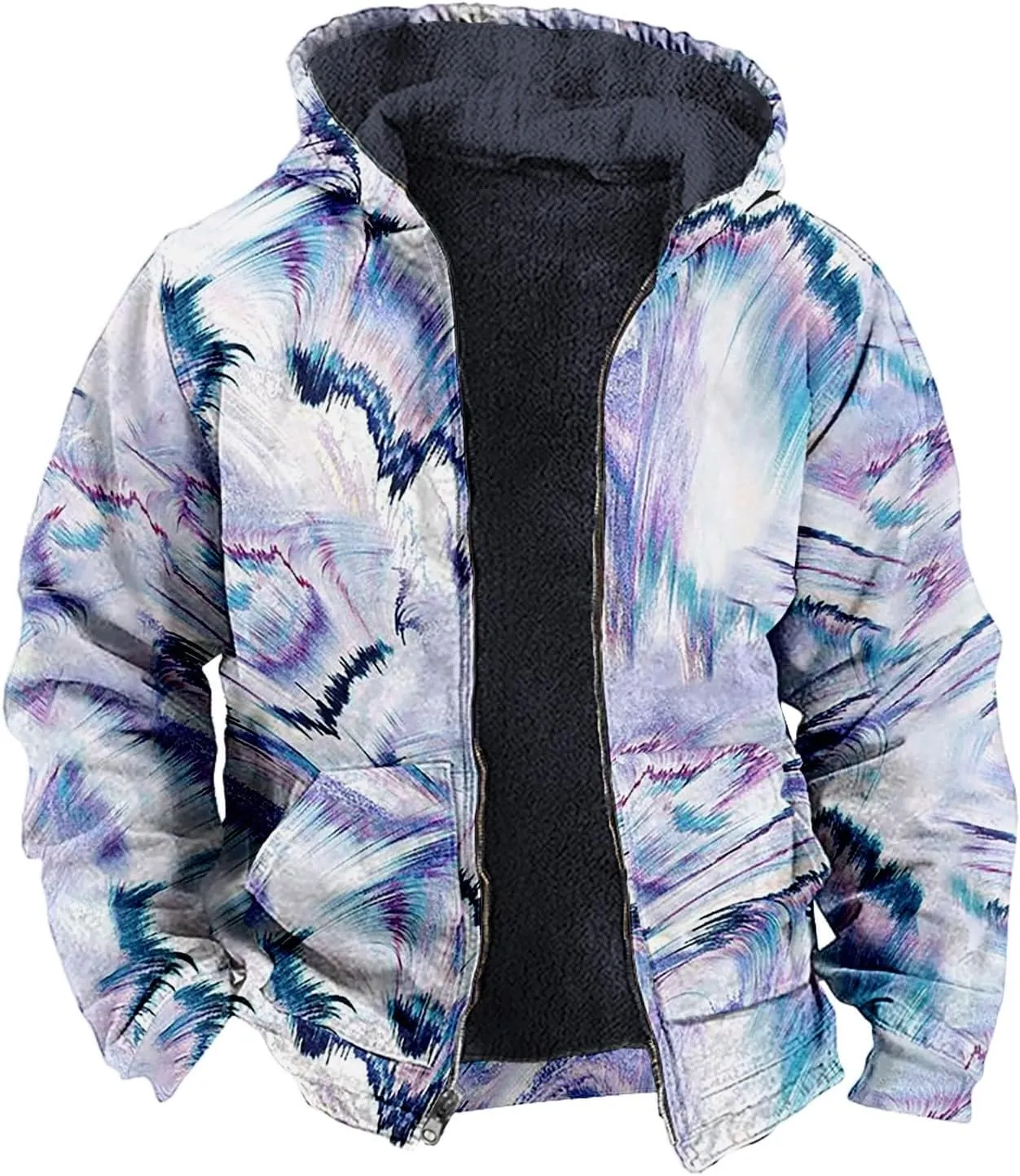Zip Up Hoodie Men Winter Sherpa Lined Graphic Jacket Cool Thermal Graphic Coat Heavy Tie Dye Casual Weather Outwear