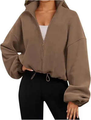 Zip Up Hoodie Women Oversized Sweatshirt Fleece Cropped Jacket Trendy Fleece Jacket Workout Coat Anorak plus Size Womens Coat