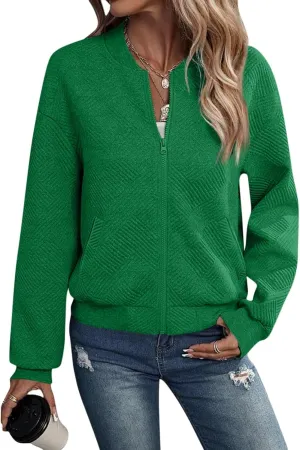 Zip Up Jackets for Women Textured Long Sleeve Bomber Jacket Casual Comfy Soft Lightweight Jacket Coat with Pockets