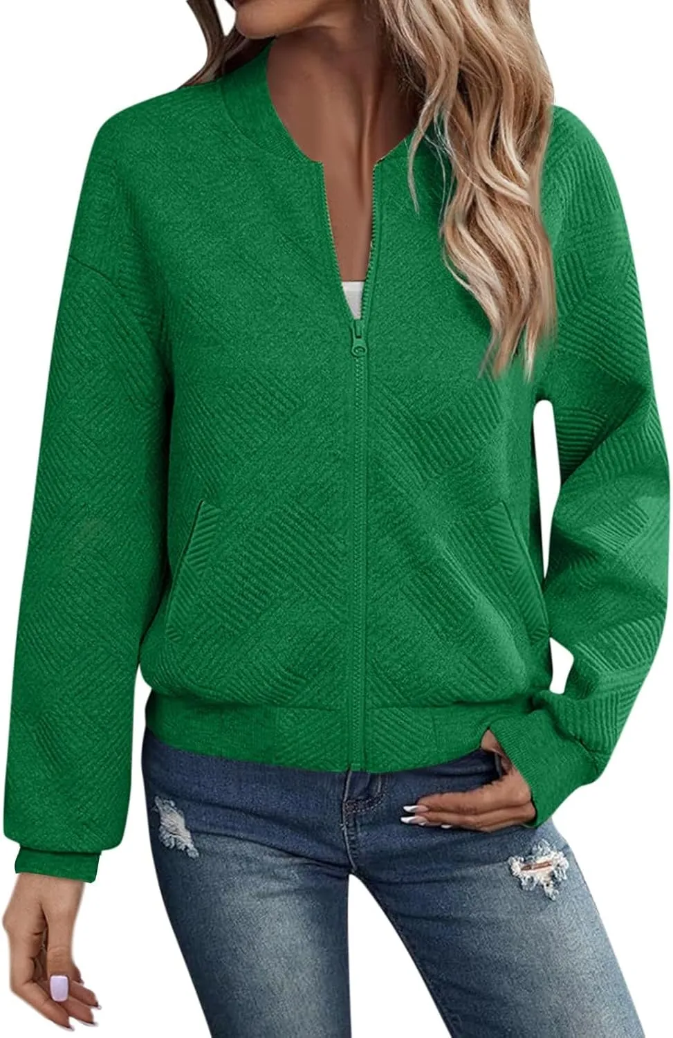 Zip Up Jackets for Women Textured Long Sleeve Bomber Jacket Casual Comfy Soft Lightweight Jacket Coat with Pockets